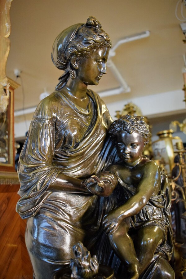 Sculpture Neo-Classical by Louis Sauvageau Lady holding Amor back from Fire