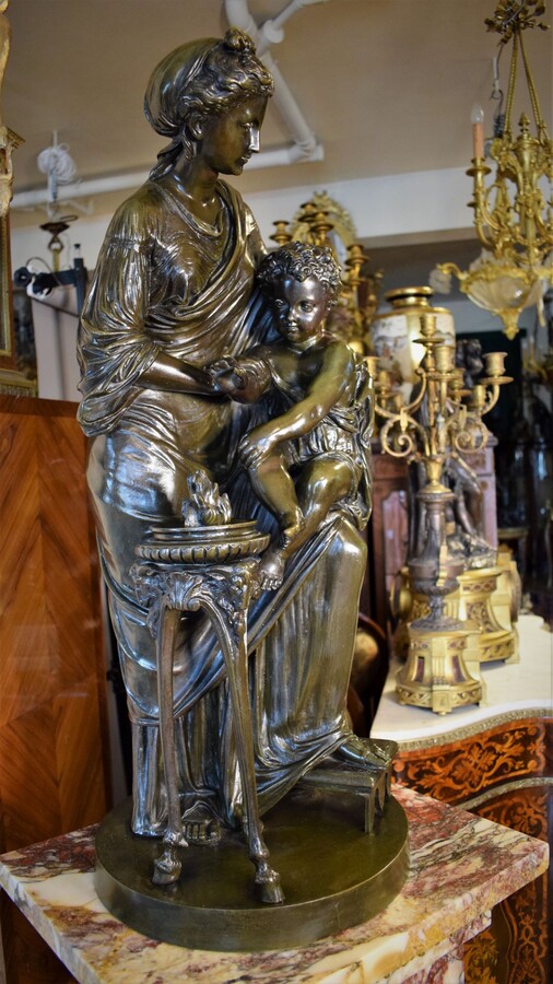 Sculpture Neo-Classical by Louis Sauvageau Lady holding Amor back from Fire