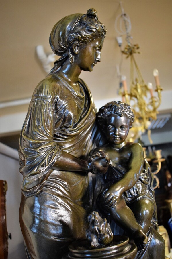 Sculpture Neo-Classical by Louis Sauvageau Lady holding Amor back from Fire