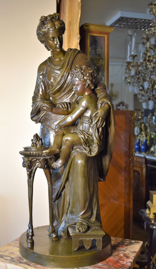 Sculpture Neo-Classical by Louis Sauvageau Lady holding Amor back from Fire