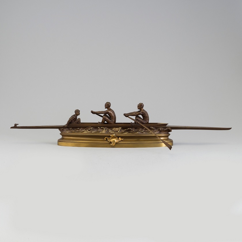 Sporting Statue in Bronze: a Rowing Boat Les Rameurs  signed Drouot France, ca. 1920