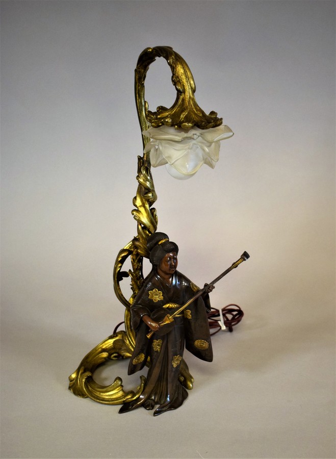 Table Lamp Bronze With Statue Of Geisha, Antique Bronze Statue Table Lamps