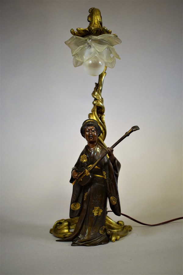 Table Lamp Bronze With Statue Of Geisha, Bronze Statue Table Lamps