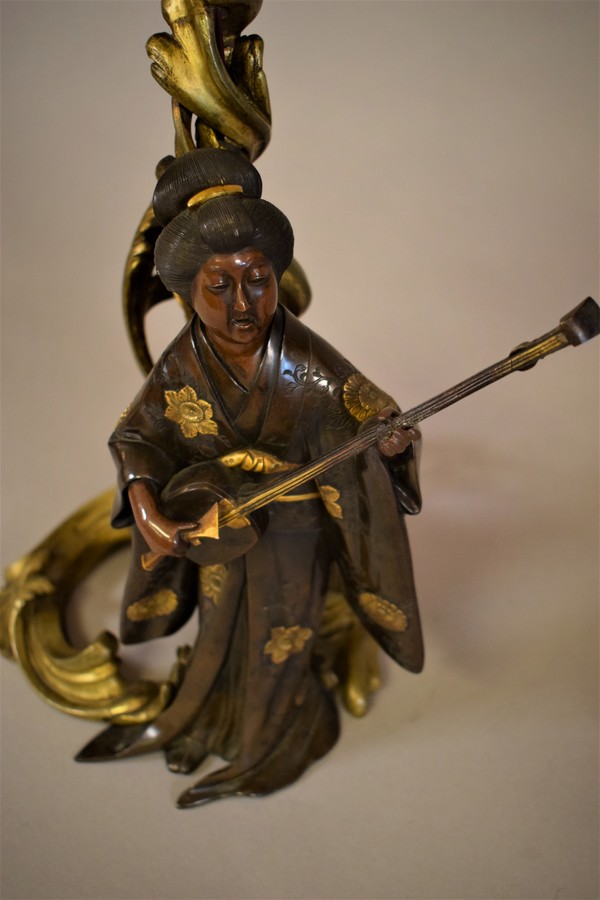 Table Lamp Bronze With Statue Of Geisha, Bronze Figurine Table Lamp