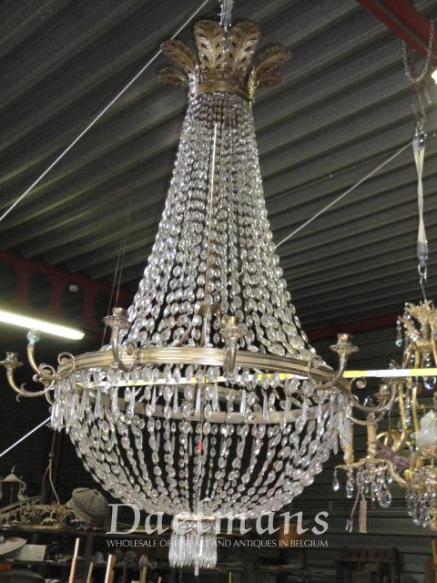 Empire Period Basket Chandelier Cut Crystal And Candle Holders
